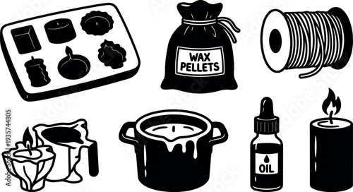 Line art candle making supplies icons wax pellets spool wick melting pot oil bottle mold and burning candle close up