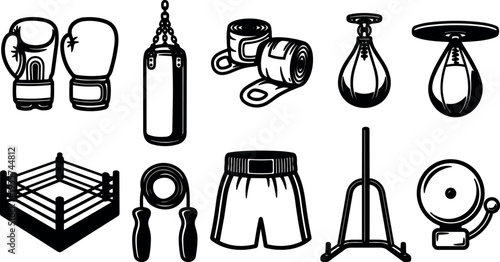 Line art boxing icon set showing gloves punching bag hand wraps speed bag boxing ring jump rope shorts gym bell