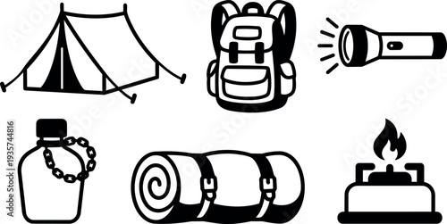 Line art camping gear icons top view set tent backpack flashlight sleeping bag stove canteen rolled mat simple black white