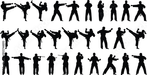 Martial arts fighter silhouettes collection performing karate kicks, punches and combat stances isolated vector set for self defense sport training design