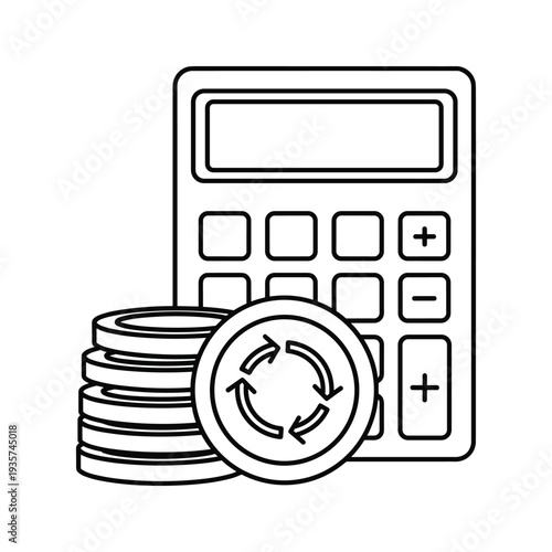 Financial transaction with calculator and rotating stack of coins symbolizing investment or savings.