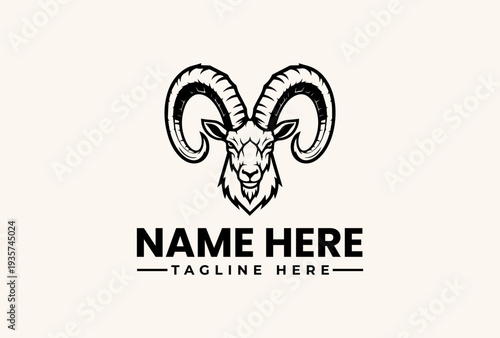 Black and white illustration of a ram's head with curved horns and a beard, accompanied by a customizable name and tagline on a beige background, for use as a logo or icon.