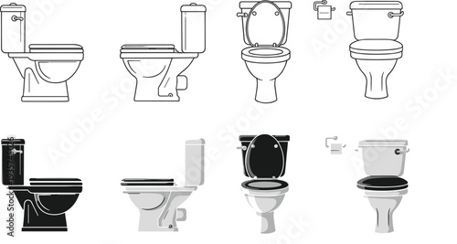 Toilet bowl vector set, bathroom sanitary ware collection with modern WC designs, plumbing fixture illustrations isolated for restroom icon, home interior equipment