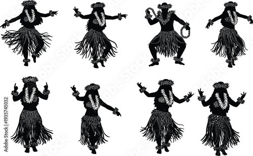 Hula dancers silhouette illustration in traditional Hawaiian grass skirt, cultural dance vector art, tropical island festival performance design decoration