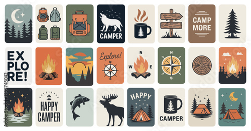 Outdoor themed vector set with camping icons, woodland animals, badges, tents, mountains, quotes, and adventure graphics. Perfect for stickers, posters, apparel, and nature inspired designs.