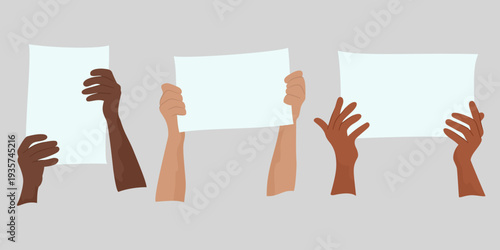 Set of diverse hands with different skin tones holding blank sheets of paper isolated on neutral background representing announcement, message, or protest concept.