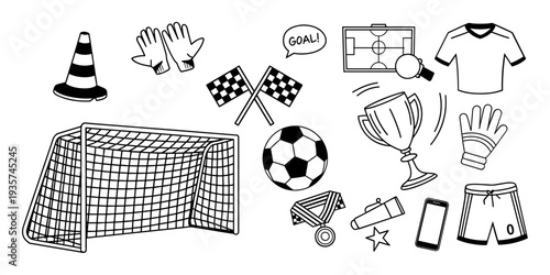 Vector football illustration set with soccer ball, goal, jersey, boots, gloves, trophy, stadium, medal, and field. Perfect for t-shirts, posters, stickers, sports graphics, and merchandise