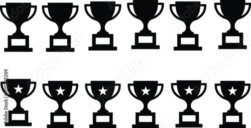 Trophy cup silhouette icon set, award winner trophy symbols with star badges, competition prize vector illustration collection for achievement