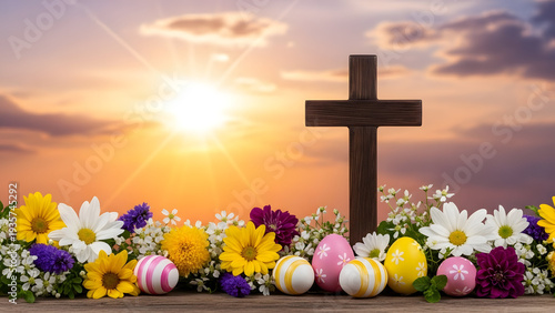 Easter sunrise with cross and colorful flowers