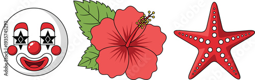Smiling Clown Face Character with Star Eyes, Tropical Red Hibiscus Flower, and Red Spotted Starfish Vector Illustration Set for Summer and Party Designs