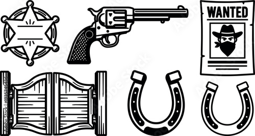 Line art western icon set sheriff badge revolver wanted poster saloon doors horseshoes isolated vector pack black white bold outline