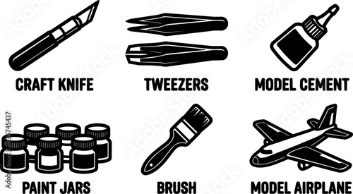 Flat design close up model making tool icons craft knife tweezers paint jars brush model cement airplane set hobby vector