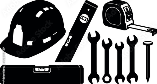 Flat silhouette top view construction tools and safety helmet set with wrenches tape measure level nail vector hard hat black