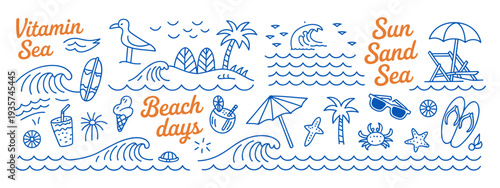 Hand-drawn beach-themed vector set with summer doodles like waves, palm trees, shells, crabs, sunglasses, and surfboards. Perfect for vacation designs, t-shirt prints, and tropical projects.