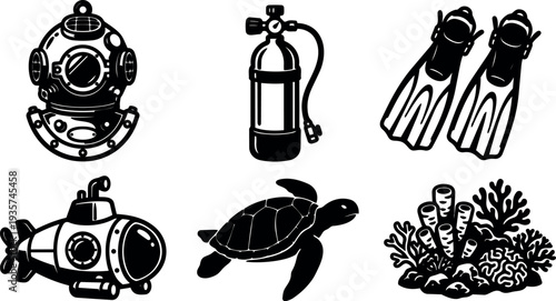 Tattoo flash style nautical dive equipment and sea life icons close up set with helmet tank fins submarine turtle coral