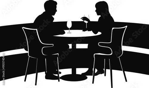 Couple dining silhouettes at restaurant table, romantic dinner conversation with wine glasses, cafe meeting date night concept illustration