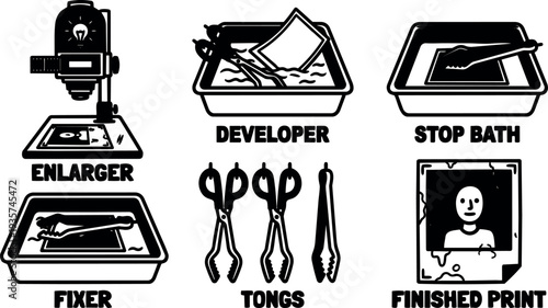Flat design darkroom photography icons set showing enlarger developer fixer stop bath tongs finished print high contrast monochrome vector art