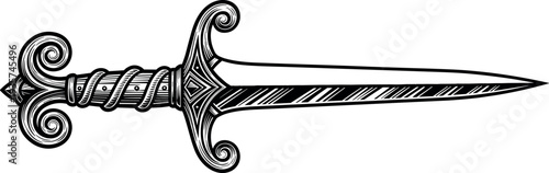 Vintage ornamental dagger sword illustration with decorative handle classic medieval weapon engraving style isolated antique blade design for heraldry tattoo emblem concept