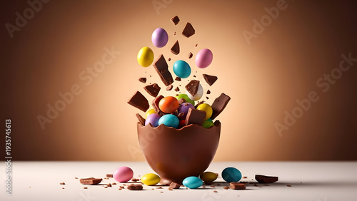 Colorful easter eggs and chocolate treats in a brown cup