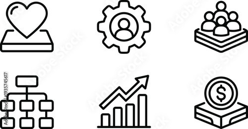 Business Management and Organizational Strategy Line Icon Set with Leadership, Team Structure, Growth Chart, Financial Investment and Corporate Management Symbols