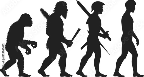 Human evolution silhouette, ape to modern man, primitive hunter, warrior with sword, shield, cultural progress, civilization growth, anthropology concept