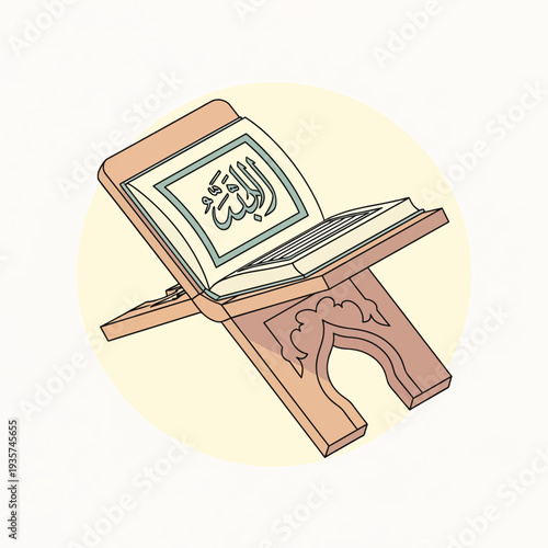 Open Quran on wooden stand illustration.