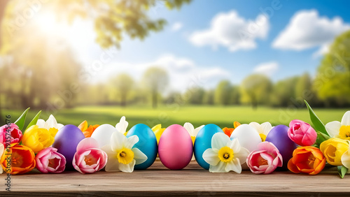 Vibrant tulips and daffodils in a sunny garden