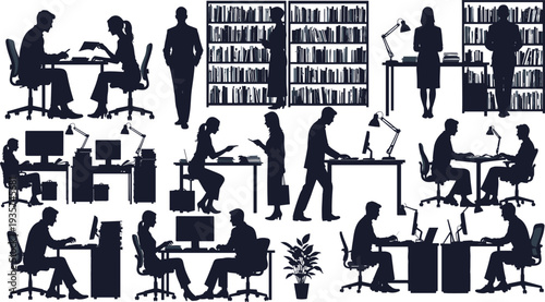 Office workers business activity silhouettes set, people reading books working computer meeting discussion workplace scenes