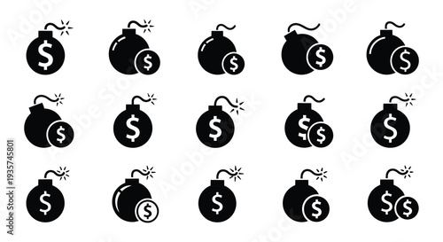 Black and white icons depicting money bombs with burning fuses