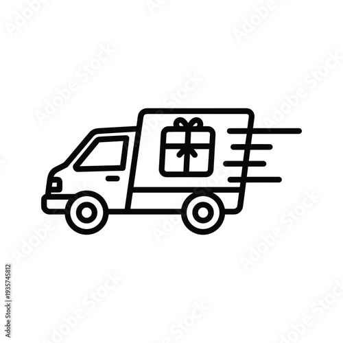 Delivery truck carrying a gift box with speed lines indicating fast shipping.