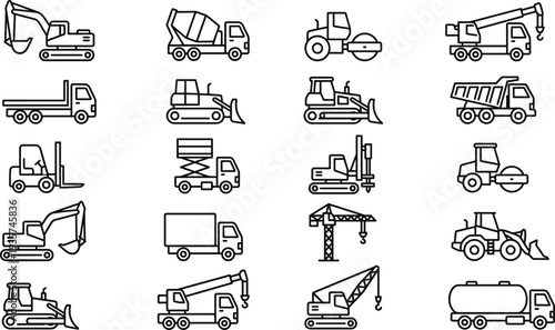 Construction Vehicles Line Icon Set with Excavator, Bulldozer, Dump Truck, Crane, Forklift, Tractor and Heavy Equipment Machinery Symbols
