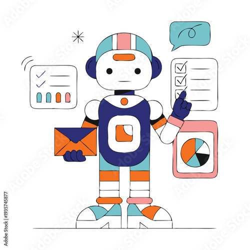 Cute Robot Assistant Managing Tasks, Email, and Data Analytics Illustration.