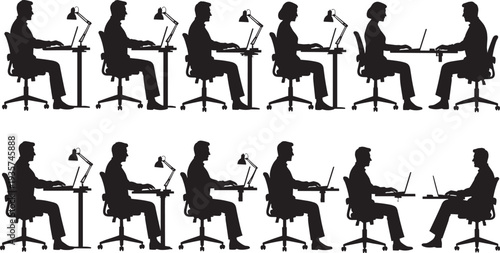 Office workers sitting at desk silhouettes, people working on laptop computer isolated business vector illustration set