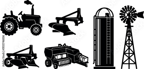 Flat design black farm machinery silhouettes tractor plow baler silo windmill side view agricultural equipment on white background isolated icons