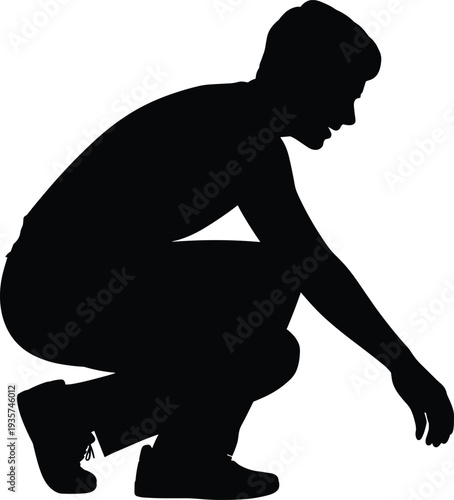 Black silhouette of person squatting with arm extended forward, balanced crouching pose for artistic, instructional, fitness, and design concepts