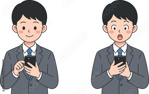 Two boys in gray suits reacting to their smartphones with surprise and excitement