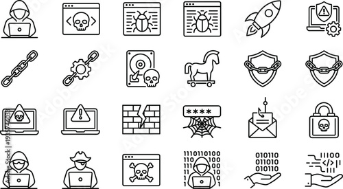 Cybersecurity and Hacking Line Icon Set with Malware, Hacker Laptop, Virus Bug, Trojan Horse, Data Protection and Digital Security Symbols