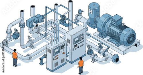 Isometric technical illustration of industrial pump machinery system with pipes control panels and operators in a factory setting