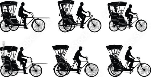 Black silhouette collection of traditional rickshaw vehicles with drivers, cultural transportation vector icons for Asia, travel, heritage, and decorative design