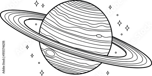 Simple black and white line art vector illustration of the planet Saturn with rings and surrounding stars