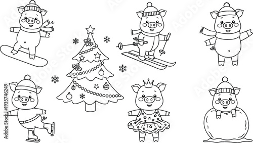 Cute winter pig characters line art vector set with Christmas tree snow sports and holiday activities black outline illustration