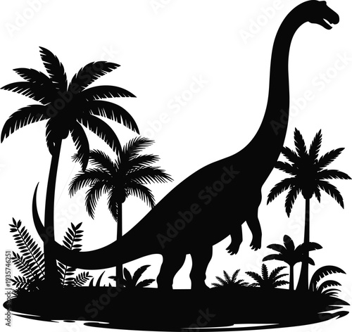 Black silhouette of Brachiosaurus dinosaur among tropical plants, prehistoric jungle scene symbolizing ancient wildlife, paleontology, and educational illustration