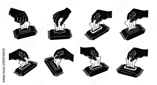 Hands demonstrating the process of pulling a wipe from a container