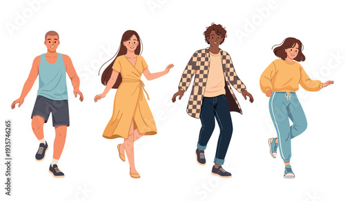 Diverse young adults walking happily together in casual outfits