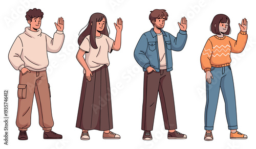 Young caucasian and asian teens waving