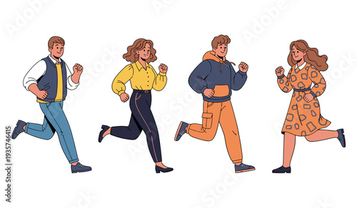 Group of diverse young adults jogging together in stylish clothing