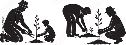 People planting tree silhouettes set, family gardening activity planting sapling environmental protection nature care concept