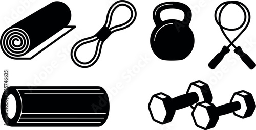 Minimalist vector fitness icons rolled yoga mat resistance band kettlebell jump rope foam roller dumbbell set flat black silhouettes collection
