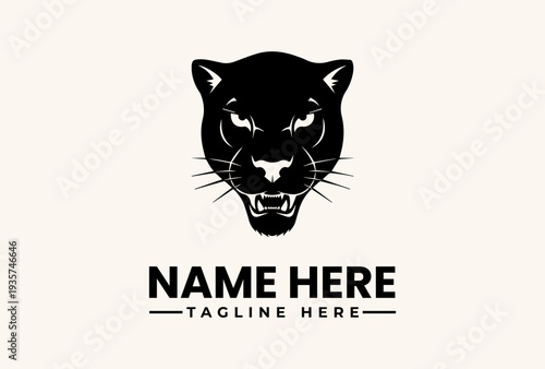A black panther head logo with sharp teeth and whiskers, accompanied by placeholder text for a name and tagline, on a beige background with a flat design style and neutral mood.