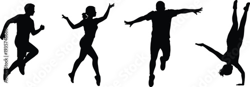 Silhouette of people running, dancing, jumping, handstand, active lifestyle, fitness, sport, energy, movement, exercise, dynamic poses, balance, agility